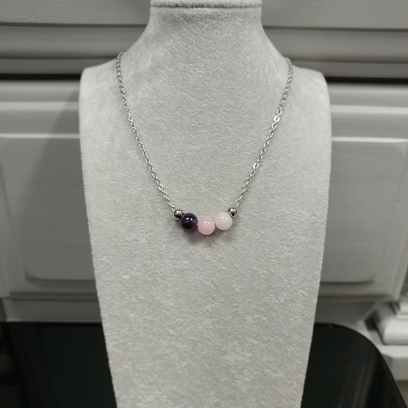 Rose Quartz Amethyst Three Bead Necklace Natural Gemstone Crystal StainlessSteel - Picture 14 of 14